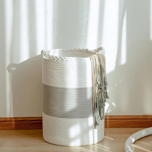 Image of ALBY Woven,Tall Wicker Laundry Basket for Blankets,Clothes,Pillows,Toys,Shoes Large Cotton Laundry Hamper for Bedroom Living Room Bathroom Nursery (12''D x 15''H INCH, GreyA)