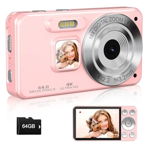 Digital Camera for Kids, Autofocus 4K 64MP Video Cameras for Teens with 64GB TF Card, 18X Zoom Compact Digital Camera for Student Children Boys Girls - Pink Cover