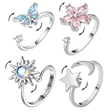 pozuauoa 4Pcs Fidget Rings for Anxiety Women, Anxiety Rings for Women Butterfly Flowers Stars Sun, Suitable for Anxious Individuals Adjustable Stress Relief Gift for Wife and Daughter Spinner Ring