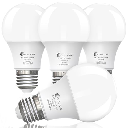 evelor A19 LED Light Bulbs,60 Watt Equivalent Soft White 2700K with E26 Base,Efficient 9W,800 Lumens Non-Dimmable Warm White LED Bulbs,15000 Hours, Ideal for Bedroom Living Room 4-Pack