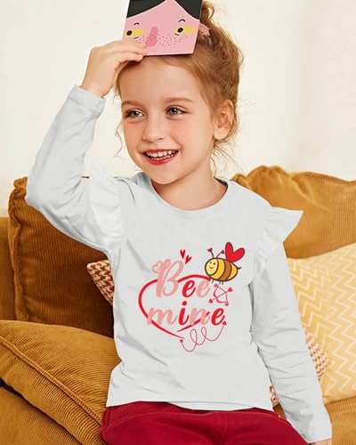 Image of Tkria Valentine Girl Shirt Love Heart Bees Dinosaurs Kisses and Hugs Ruffle Long Sleeve Tee Top 1-7 Years