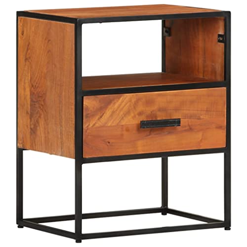 QZZCED Vintage Industrial Bedside Table with Drawer, Solid Acacia Wood Top and Black Iron Legs for Bedroom Living Room Storage