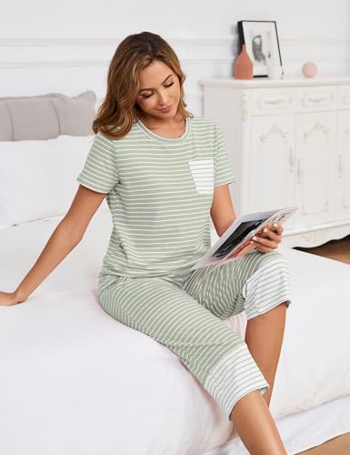 Womens Cotton Pajama Set Stripe 2 Piece Lounge Set Short Sleeve Capri Pj Set Comfy Loungewear Sleepwear with Pockets3