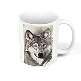 Keramische Becher 325ml Zeichnung Wolfskopf Wildtier Schwarz-Weiß