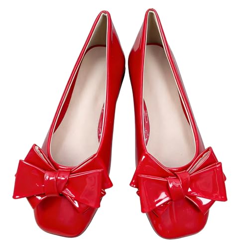 Image of Dear Time Women's Bowknot Ballet Flats Wedding Dressy Flats Square Toe Patent Leather Comfortable Shoes