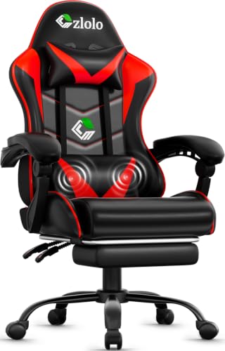 Czlolo Gaming Chair with Footrest Racing Style Lumbar Support Massager Video Game Chair with Metal Legs, High Back Reclining Gamer Chair with Headrest, 360° Swivel Office Computer Desk Chair (Red)
