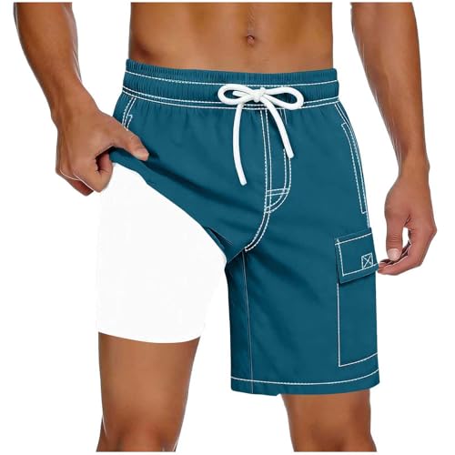 FOCLMP Mens Swim Trunks with Compression Liner Pockets 2 in 1 Quick Dry Summer Board Shorts Beach Vacation Bathing Suit Summer Clothes for Men Fashion Navy XL