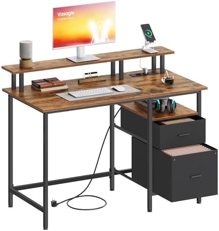 VASAGLE Bureau Gaming, avec Tiroirs en Tissu, Table Informatique avec Support d'Écran, Multiprise, 2 Ports USB, pour Bureau à Domicile, 120 x 60 cm, Marron Rustique LWD093K01V1