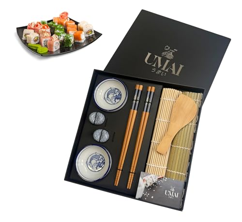 UMAI Kit Sushi | Kit Para Hacer Sushi En Casa | Regalo Ideal Para Principiantes | Set Sushi 2 Esterillas Sushi + Paleta + 2 Juegos De Palillos + 2 Cuencos Soja + 2 Soportes Palillos + QR con Recetario