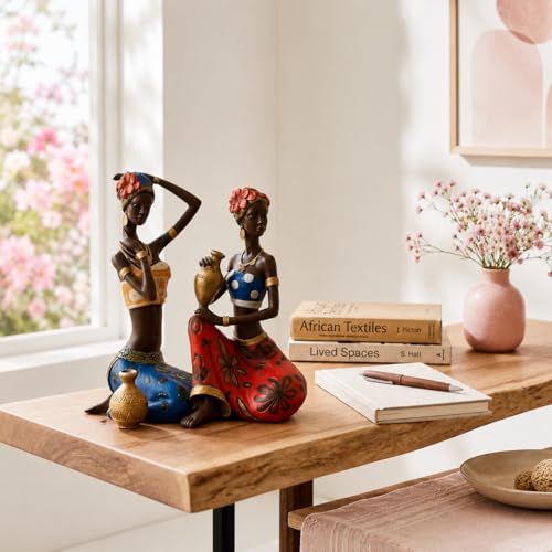 Image of Amazon Basics Vibrant Tribal Lady Figurine Set for Home & Office Decor | Artistic Cultural Sculpture Showpieces for Living Room, Shelf, Console & Study Table Styling (Multicolor, 23 cm)