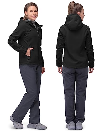 33,000ft Softshelljacke Damen Wasserdichte Atmungsaktive Warme Winterjacke Fleece Übergangsjacke Winddichte Funktionsjacke mit Kapuze Schwarz M