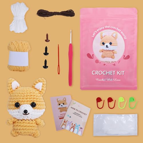 Image of Autglint Fox Crochet Kit for Beginners, Amigurumi Animal DIY Knitting Kit with Step-by-Step Video Guides, Learn to Crochet Kit for Adults & Kids with Pre-Started Yarn - Orange Fox