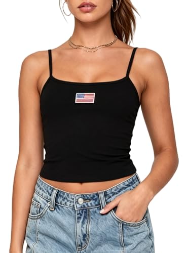 NUFIWI Women Graphic Tank Top American Flag Spaghetti Strap Embroidered Crop Tops Sleeveless Cute Baby Tee Y2k Jersey Camisole(Flag Black S)
