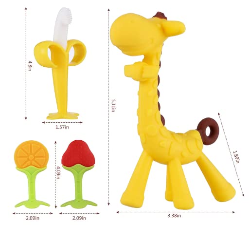Image of Infant Teething Set For Baby, 4 And 2 Pack Combo Set, Silicon Baby Teethers Set, Bpa Free (Multicolors) (Giraffe Teether Set (1 Banana Brush + 2 Silicone Teether + 1 Giraffe Teether))