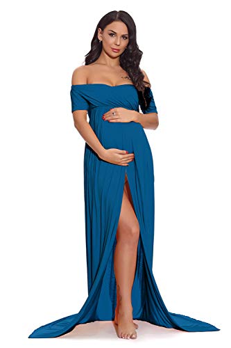ZIUMUDY-Maternity-Off-Shoulder-Wraped-Ruched-Gown-Split-Front-Maxi-Photography-Dress