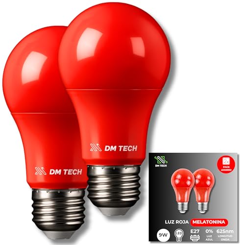 DM TECH PACK 2 Luz Roja Nocturna Melatonina E27 - Bombilla Terapia Roja para Dormir - 0% Luz Azul + Rosca Estándar + Mejora del Ritmo de Descanso