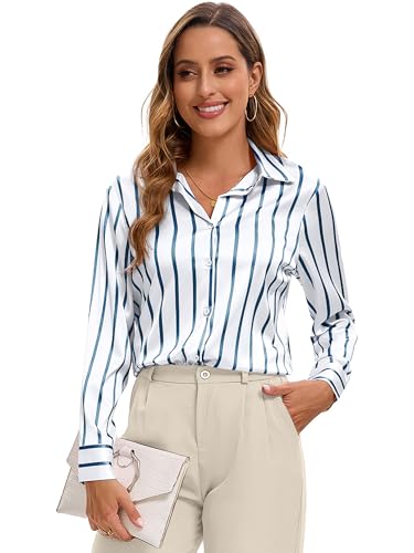 Image of Premium Soft Breathable Stretch Satin Silk Button Down Shirts for Women Long Sleeve Leopard Blouses Work Dress Tops