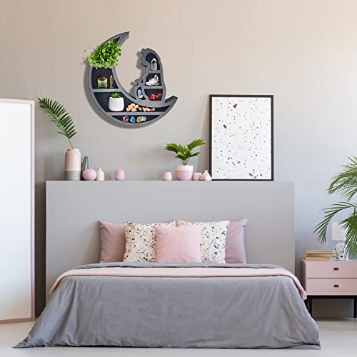 Larfoek Cat On The Moon Wooden Shelf For Crystals,Shelves For Wall Decor,Wall Mounted Floating Shelves For Gothic Witchy,Boho,Room Decor Aesthetic For Placing Stones & Essential Oils(Moon Cat) #TOP5