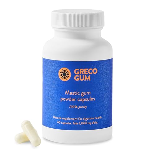Greco Gum - Mastic Gum Capsules 500 mg Greek Chios Mastiha Supplement for Gut Health Digestive Support and Bloating Relief Pure Mastic Gum Powder Vegan Gluten-Free No Fillers 60 Count