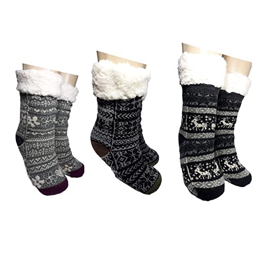 KIT 3 Meia Térmica Antiderrapante Forrada Lã Quentinha,Monte Alto (Flor Cinza, Gelo Preto,Alce preto