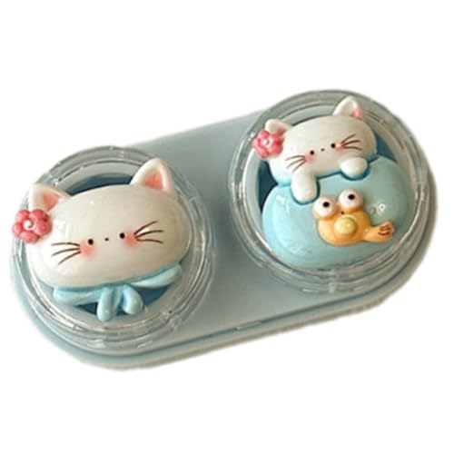 Étui à lentilles et outil de retrait compact en caoutchouc pour les yeux, facile à transporter, applique les contacts en toute sécurité, Chat à grosse tête bleue