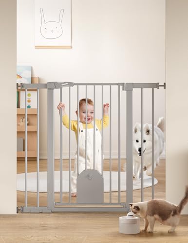 Image of Babelio 36 inch Tall Baby Gate with Adjustable Cat Door, CatPrivilege I, 29-43 inch | Auto Close, Safety Gate for Stairs, Easy Walk Thru with Pet Door, Includes 4 Wall Cups and 3 Extension Pieces, Gray