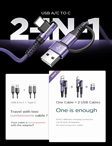 Image of AINOPE USB C Cale for iPhone 16 Charger Cord, 60W 4 in 1 Charging Cable for iPad and USB C Devices, Right Angle Type C Cord Carplay Cable Fit iPhone 16 Pro Series, 2 Pack 6.6Ft Purple