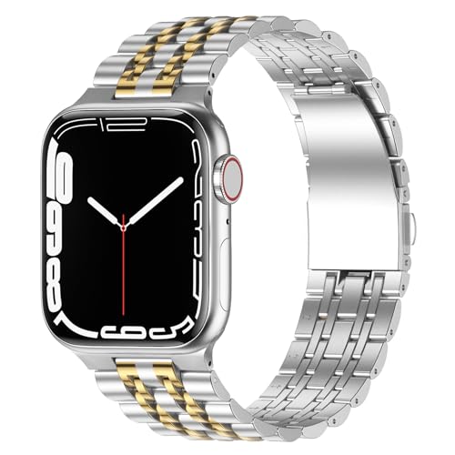 Anlinser Metal Bands Compatible with Apple Watch Band 45mm 44mm 42mm for Women Men, Stainless Steel Replacement Strap Compatible with iWatch Series 8 7 6 5 4 3 2 1, SE (Silver Gold)