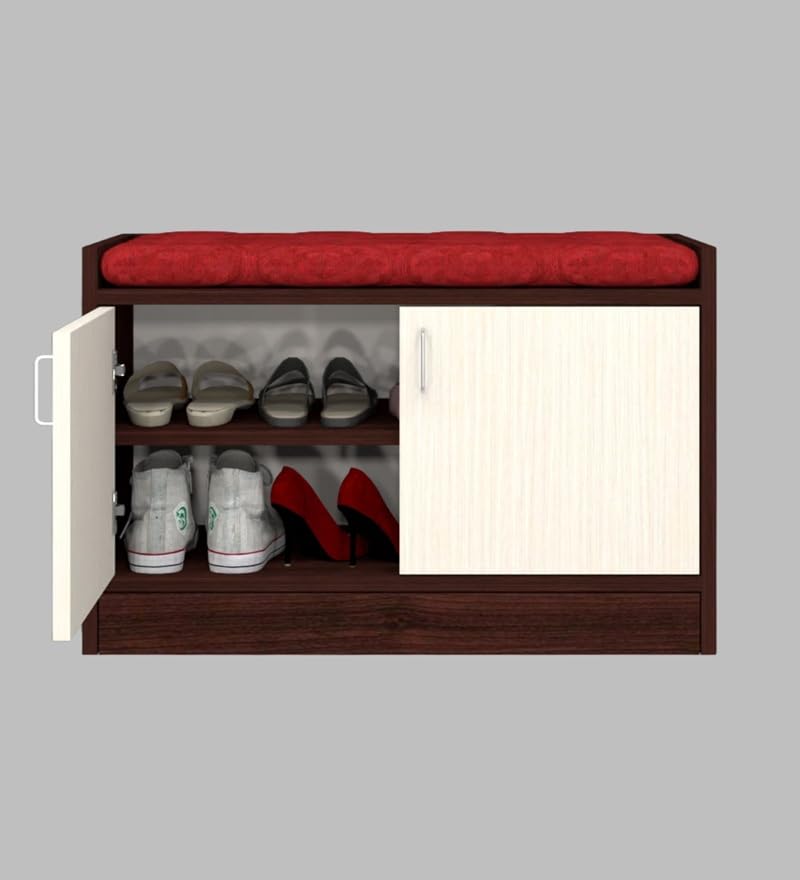 Image of 2 Door Wooden Shoe Rack with Cushioned Seating Bench for Entryway | Shoe Storage Cabinet with Doors for Home & Hallway | Space Saving Shoe Organizer Stand | Red Cushion Cream Brown | DIY Assembly