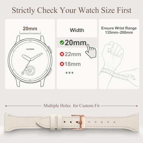 GEAK 20mm Leather Watch Band Compatible with Garmin Vivoactive 5 Watch Bands, Vivoactive 6/3/Forerunner 165/55/245/645, Quick Release Genuine Slim Leather Strap for Venu Sq/Sq 2/Venu 2 Plus Women — view 4