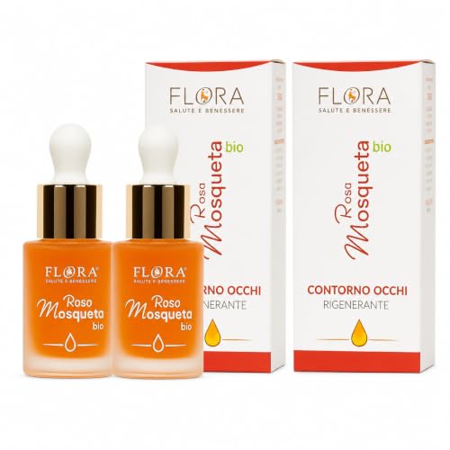 FLORA Olio Contorno Occhi Rosa Mosqueta pack da 2 Pz da 15 ml BIO Rigenerante e Elasticizzante con Estratti di Centella Ippocastano Rusco e Oli Essenziali di Geranio Neroli & Camomilla Blu