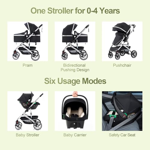 Gcarebb 3 in 1 Pram, City Strollers with Car Seat, Portable One-Click Folding Walking Stick Stroller, Landscape Combined Strollers High Aluminium Frame for Newborn 0-4 Years - Image 4