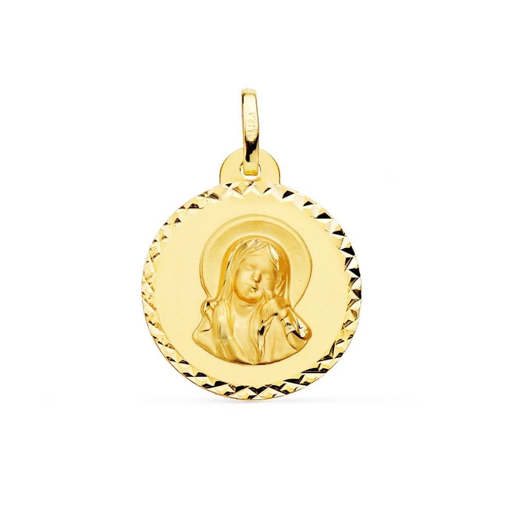 Virgen María Espíritu Santo medalla oro 18k Primera Comunión 20mm. bisel detalles tallados cruzados