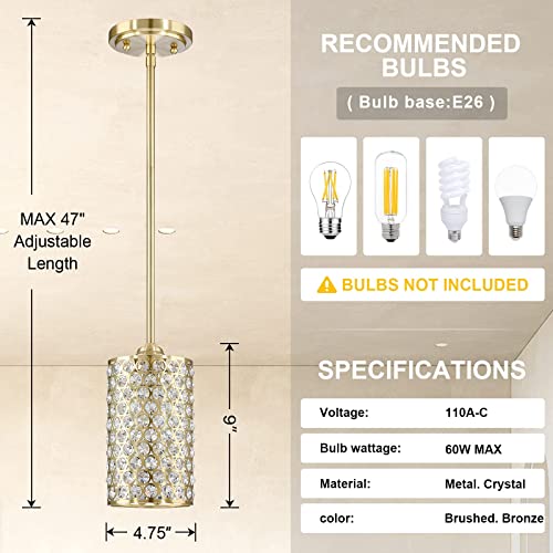 Doraimi 2 Pack 1 Light Crystal Gold Kitchen Island Pendant Light Brushed Bronze Brass Finish Modern Concise Crystal For Bar Dining Room Corridor,Living Room Led Bulb(Not Include) #TOP3