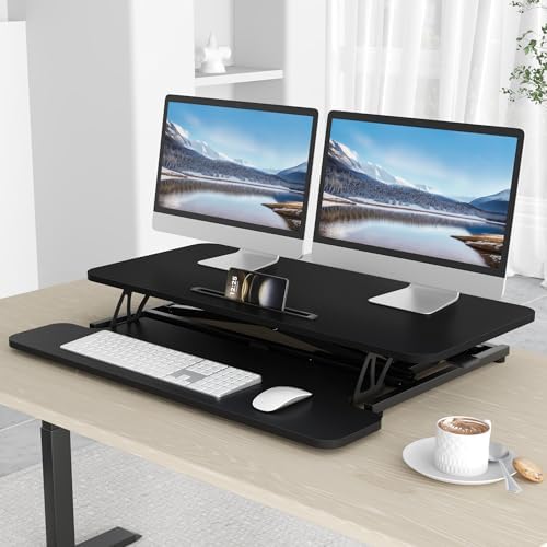 ERGOMAKER Standing Desk, 36"/90cm Wide Height Adjustable Quick Sit Stand Computer Desk Converter for Home Office Workstation (Black Frame + Black Desktop) — view 2
