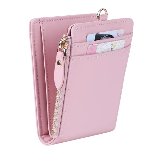 Cynure Womens Rfid Blocking Lanyard ID Credit Card Holder Compact Leather Bifold Wallet With Zipper Pocket pink