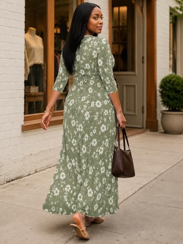 Image of SUZONANA Plus Size Dresses for Women Floral Print Maxi Dress Flowy 3 /4 Sleeve with Belt
