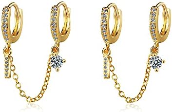 21 Holiday Charm Bar Two Holes Cubic Zirconia Small Hoop Earrings for Women Dainty Cartilage Huggie Cuff Hoops Threader Tassel Chain Crawler Climbers Wrap Drop Dangle Double Piercing Wife (gold)