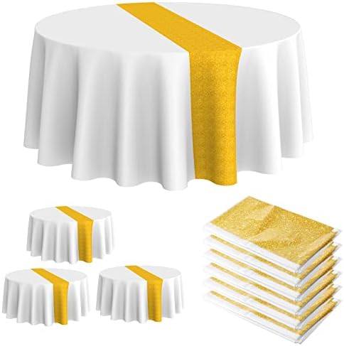 Oudain Round Plastic Tablecloth Disposable Tablecloth 84 Inch Stain and Wrinkle Resistant Table Cover Baby Shower Tablecloths for Baby Shower Wedding Decoration (White, Gold,6 Pcs)