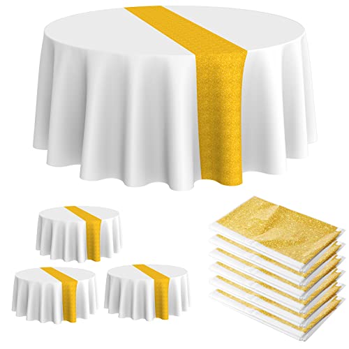 Oudain Round Plastic Tablecloth Disposable Tablecloth 84 Inch Stain And Wrinkle Resistant Table Cover Baby Shower Tablecloths For Baby Shower Wedding Decoration (White, Gold,6 Pcs) #TOP2
