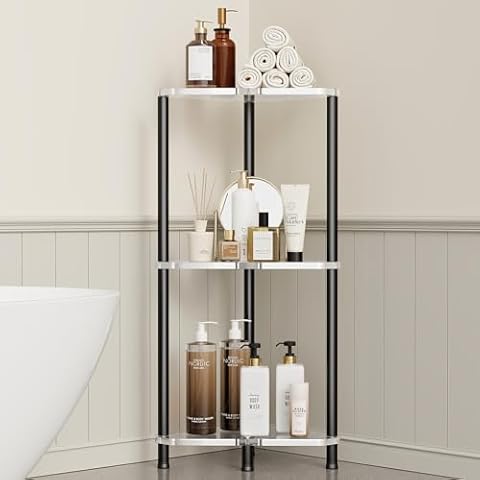 Orimade Corner Shower Caddy Organizer Rustproof, Floor Standing Metal Floor Corner Shelf Rack Storage Stands for Bathroom, Kitchen, Toilet, Home Decor, 3 Tier (Acrylic) Cover