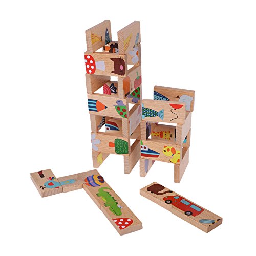 Domino Block Set, 28pcs Animal Colorful Building Blocks Set Wood Puzzle Board Game Play Set Early Education Toy Birthday Gift for Child Boys Girls