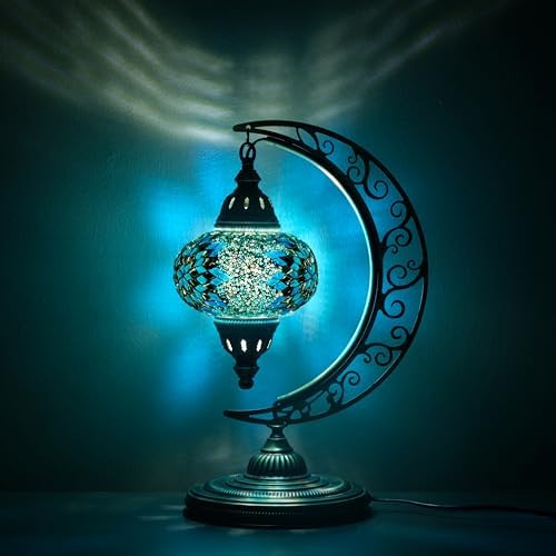Turkish Moon Lamp, Mosaic Moroccan Table Lighting, Standing Turkish Lamp, Decor Home Floor Lighting Accessory, Total Dim. 7.5 x 11 x 18 inches (Turquoise)