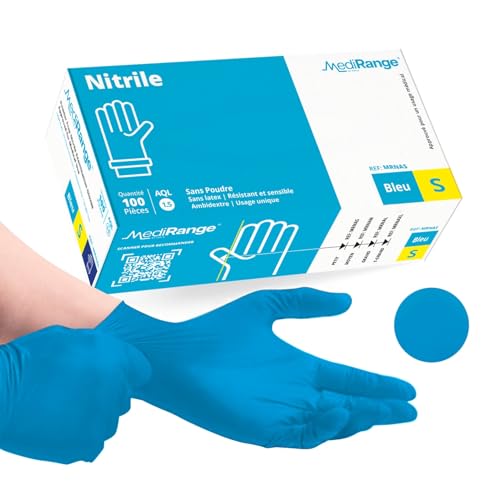 Farla Medical MediRange Gants Jetables S, Gants Nitrile Bleus à Usage Lourd, Sans Poudre, Sans Latex, et Sans Protéine, Médical, Alimentaire, Multi-Usage, Pack de 100