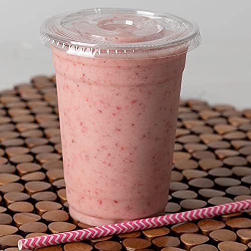 [20 oz 28 Sets] Clear Plastic Cups with Flat Straw Slotted Lids, 28 ct., Disposable and Recyclable Drinkware for Iced Coffee, Smoothies, Water, or Desserts, Large BPA Free Drinking Use 20 Oz