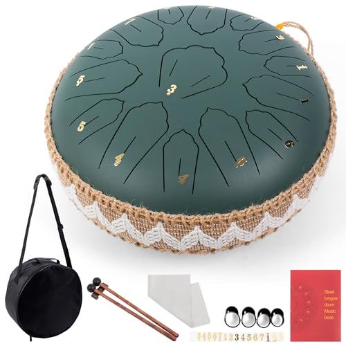 LOMUTY Steel Tongue Drum C Mayor, 12 Pulgadas 30 cm 15 Notas Handpan con Baquetas, Funda Protectora y Partituras Musicales, Tambor Percusion La Meditación y el Yoga, Verde