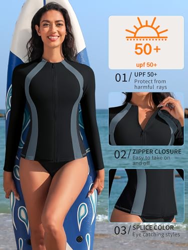 ATTRACO Long Sleeve Rash Guard Shirts for Women Full Zip Jackets Sun Protection Surfing Swimsuit4