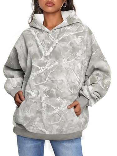 SOFIA'S CHOICE Camo Hoodie Maple Leaf Graphic Oversized Sweatshirt Long Sleeve Pullover with Pocket Camo Grey Small