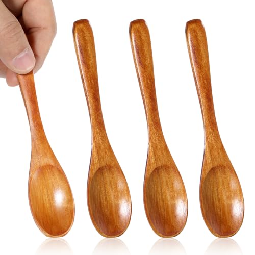 4PCS Mini Wooden Spoon, 5 Inch Short Handmade Spoons for Salt, Honey, Tea, Bamboo Utensils, Small Wooden Scoops for Jars, Little Spoon for Eating (Dark Brown)