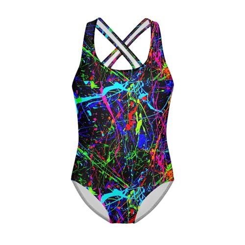 Girls One Piece Swimsuit Cross Back Paint Splatter Quick Dry Athletic Bathing Suit for Beach Pool 5-14Y